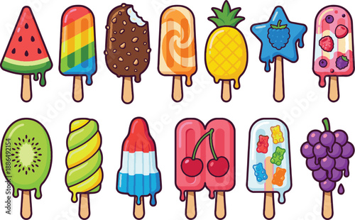 Cute Summer Popsicle Vector Set. Watermelon slice, rainbow layered, and chocolate dipped ice lolly stickers isolated