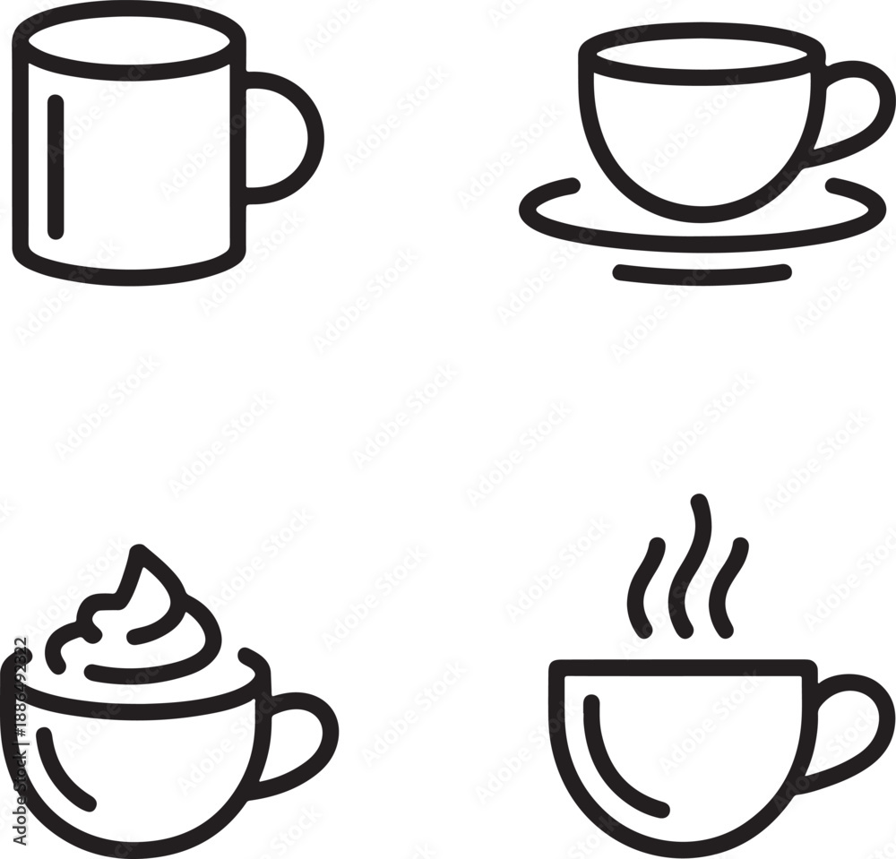 Obraz premium Coffee Cup Icons Plain Mug Saucer Cup Whipped Cream and Steaming Cup vector illustration