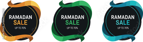 Elegant ribbon style Ramadan sale up to 70 percent circular badge vector illustration set