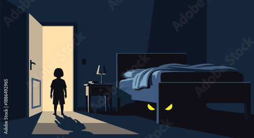 Vector illustration of glowing eyes under a bed in a child’s room, creating suspenseful yet playful horror in microstock-safe flat vector style