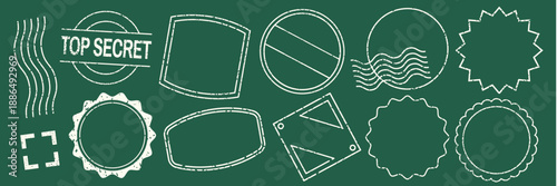 Collection of white stamp outlines on a green background. Includes various shapes like circles and squares. Perfect for design projects and creative use. Colorful stamps, element vector set