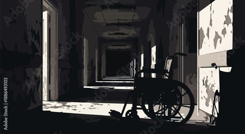 Vector illustration of an abandoned hospital corridor with eerie lighting, creating atmospheric horror suitable for thriller and mystery themes in flat vector style