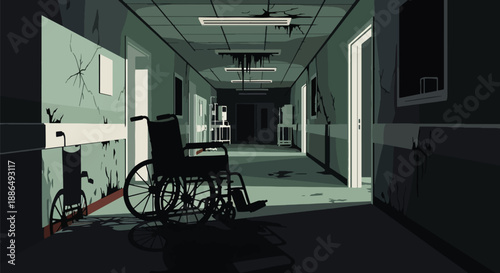 Vector illustration of an abandoned hospital corridor with eerie lighting, creating atmospheric horror suitable for thriller and mystery themes in flat vector style