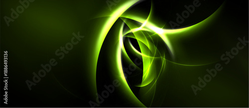 Abstract green energy swirls, luminous curves, dark background. Dynamic composition creates visual impact, modern aesthetic.