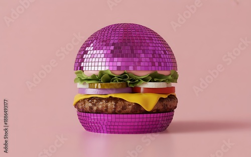 Disco ball hamburger hybrid with vibrant pink mosaic tiles