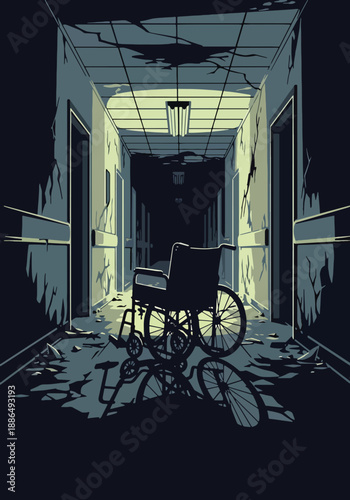 Vector illustration of an abandoned hospital corridor with eerie lighting, creating atmospheric horror suitable for thriller and mystery themes in flat vector style