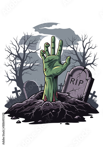 Vector illustration of a zombie hand reaching from the ground in a graveyard, delivering classic horror without gore in flat vector style