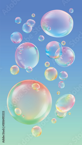 Colorful soap bubbles floating against a gradient background. Bubbles reflect light, creating a rainbow effect. Soap bubbles in various sizes and colors. Soap bubble element vector set.