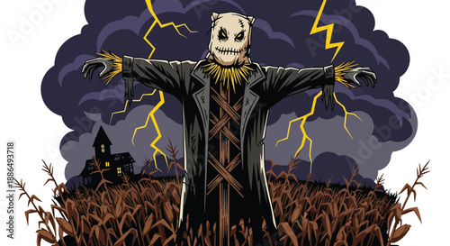 Vector illustration of a creepy scarecrow in a dead cornfield under stormy skies, delivering rural horror atmosphere in flat vector style