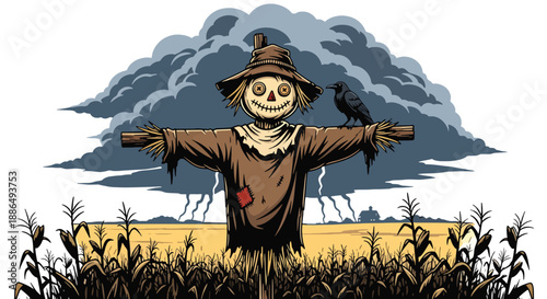 Vector illustration of a creepy scarecrow in a dead cornfield under stormy skies, delivering rural horror atmosphere in flat vector style
