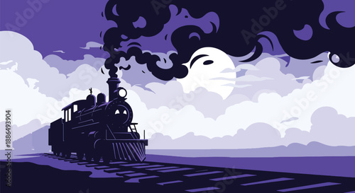 Vector illustration of a haunted train on foggy tracks at night, capturing vintage mystery horror in flat vector illustration style