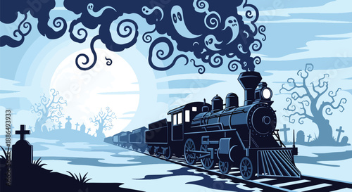 Vector illustration of a haunted train on foggy tracks at night, capturing vintage mystery horror in flat vector illustration style