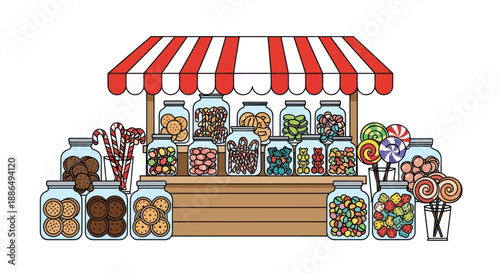 Colorful Candy Stall with Jars of Sweets and Lollipops.