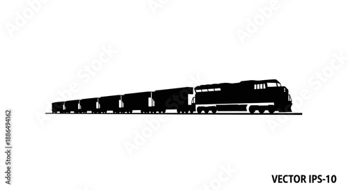 Freight train silhouette moving on tracks.