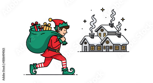 Christmas Elf Carrying a Sack Full of Gifts.