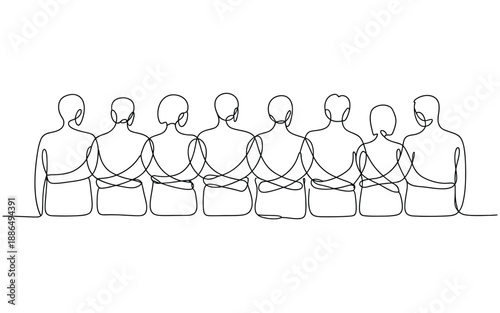 Line of people standing together, linked arms, back view illustration