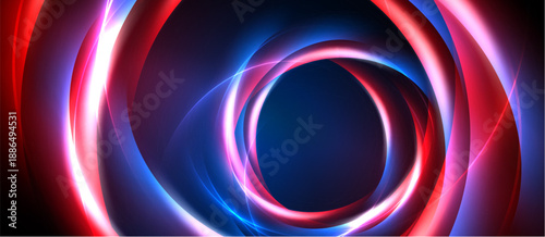 Abstract design features concentric glowing circles. Red, blue, white light creates dynamic visual effect. Dark background enhances luminosity.