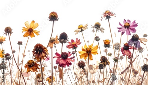 Assorted wildflower blooms in a bright field, featuring various colors and shapes on delicate stems against a plain backdrop