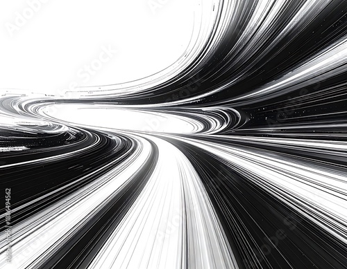 Abstract swirling vortex of black and white lines creates dynamic, flowing perspective from ground level