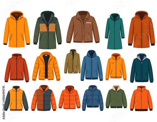 Assortment of cartoon jackets, including hooded, zipped and buttoned styles, in various colors and designs