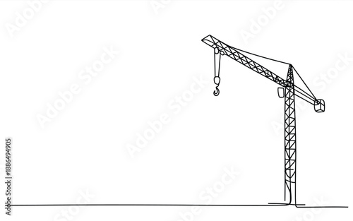 Construction crane reaching out, simple line art on white background