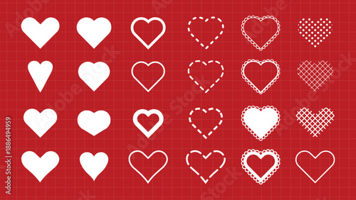 Grid of white heart icons on red background. Various heart shapes, including dotted, striped, and lace patterns. Heart icons in different styles. Valentine's Day elements, vector set.