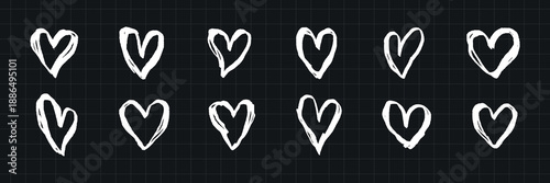 Chalk-drawn hearts on a black grid background. Ten white hearts, sketched in chalk. Heart designs vary slightly, creating a playful chalkboard effect. Hand drawn Valentine's Day vector set.