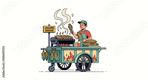 Street vendor grilling corn on a colorful cart with steaming food.