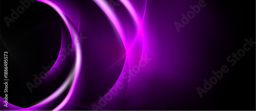 Abstract purple design features flowing lines, curves, gradients. Dark background enhances vibrant luminosity, creating modern aesthetic.