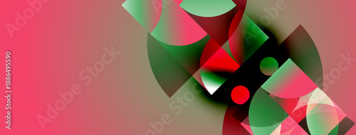 Abstract composition featuring overlapping translucent shapes. Red, green hues dominate, creating dynamic visual effect. Smooth gradients present.