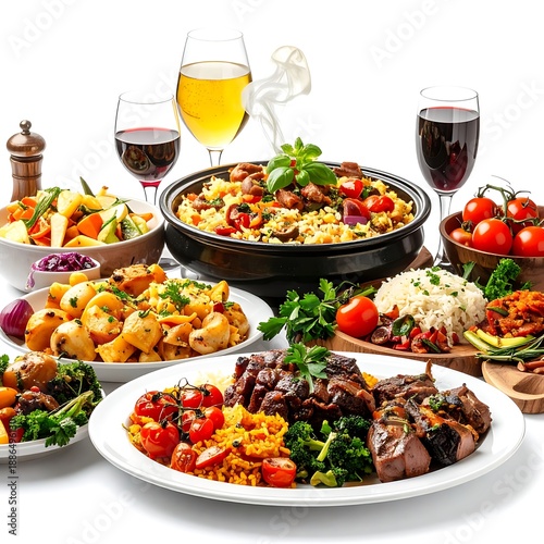 Abundant spread of diverse, colorful foods & drinks arranged on white. Includes meats, vegetables, & rice