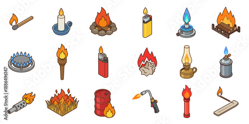 Isometric Fire and Flame Elements Mega Set, Vector Flat Icons of Fire Shapes, Campfire, Torch, Lighter, Gas Burner, Candle, and Industrial Flame Symbols Isolated on White Background