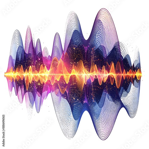 Abstract waves ripple in hues of blue, purple and orange against a white backdrop, emanating a bright glow