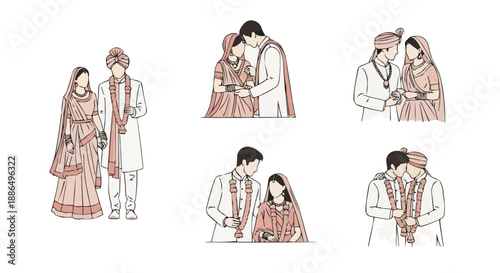 Elegant illustrations of Indian wedding couples in traditional attire, depicting diverse moments of love, rituals, and matrimonial celebration