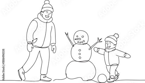 Single one line drawing winter activities and sport set. Happy man with winter clothes, Young boy with snowman and rolling snowball in winter.one line vector illustration with out background