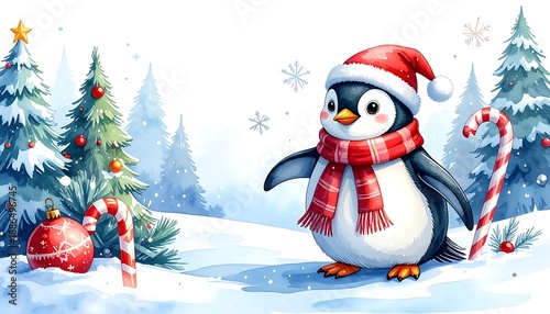 Adorable cartoon penguin wearing winter gear amidst snowy trees, ornaments, and candy canes on a snowy winterscape