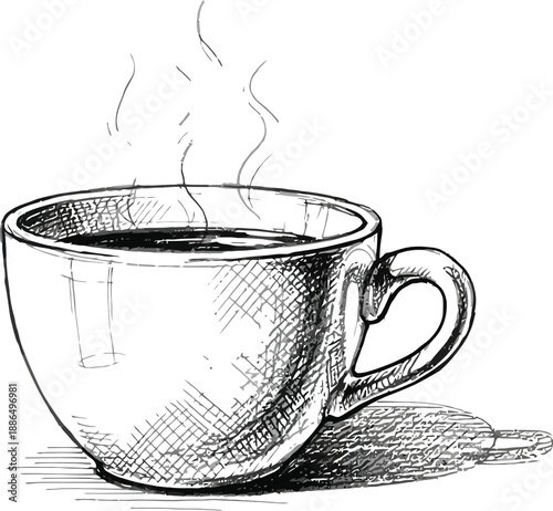 Steaming hot beverage in a ceramic cup drawn with detailed pencil shading technique