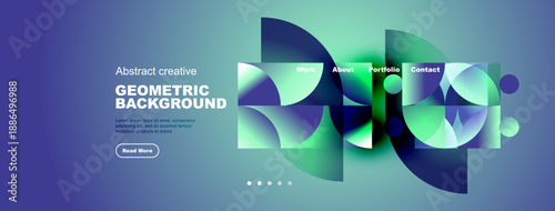 Modern website header design. Abstract shapes, vibrant colors, navigation menu present. Clean layout, professional aesthetic.