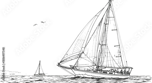 Detailed pencil drawing of a large sailboat cutting through ocean waves with birds flying