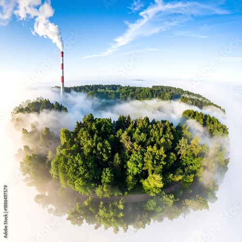 Aerial shot of a smokestack rising above forest and fog under blue sky. Environment & energy theme