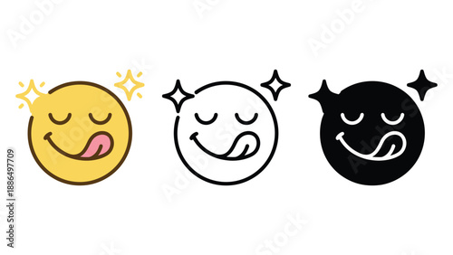 A set of three emoticon faces with sparkles on a white background