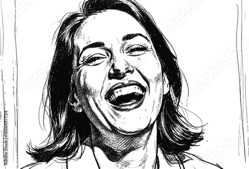 Black and white sketch portrait of a woman laughing with genuine joy and energy