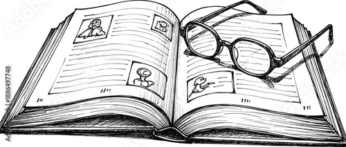 Open yearbook with reading glasses resting on pages featuring small portraits