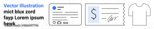 Digital communication, e-commerce, branding, online transactions, modern design, social media content. Social media card, payment receipt and a blank T-shirt graphic. Digital communication