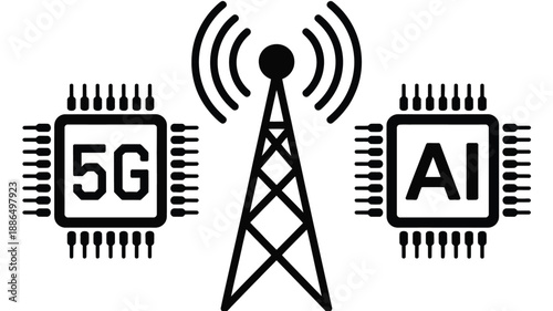 5 G and A I technology integration represented by tower and microchips communication network