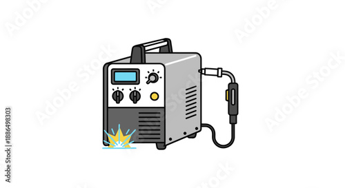 Compact gray welding machine with digital display and torch.