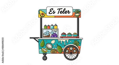 Colorful illustrated Es Teler food cart with avocado and coconut decorations.