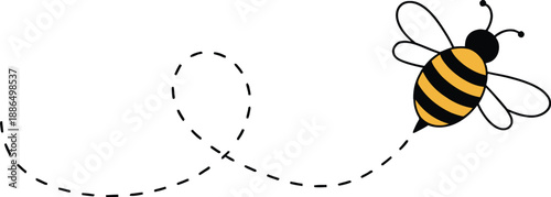 Cute cartoon bee flying with a dashed line trail white insect