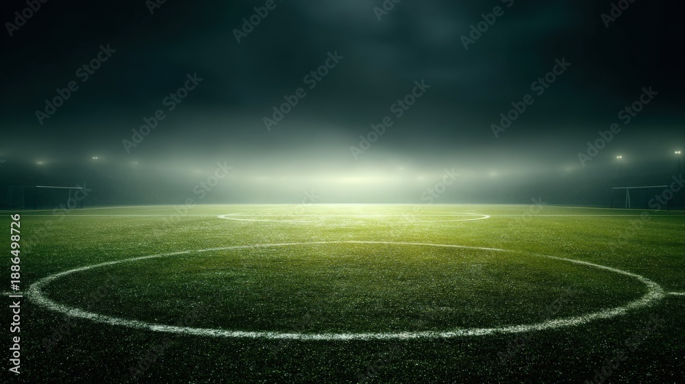 Obraz premium Illuminated Football Field at Night with a Dramatic Sky, Center Circle in Focus