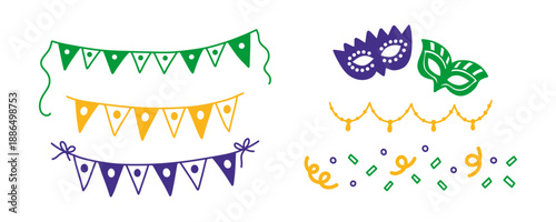 Mardi Gras hand drawn design elements set. Festive bunting banners, carnival masks, beaded garlands, and colorful confetti in traditional purple, green, and gold colors for party decorations.
